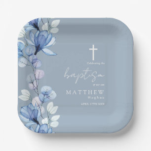 Elegant Dusty Blue Transparent Floral Baptism Paper Plates