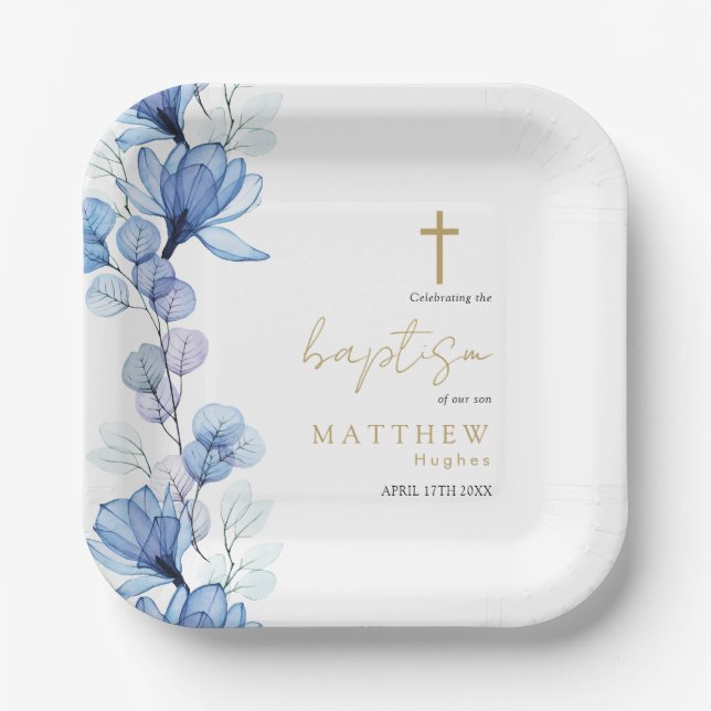 Elegant Dusty Blue Transparent Floral Baptism Paper Plates (Front)