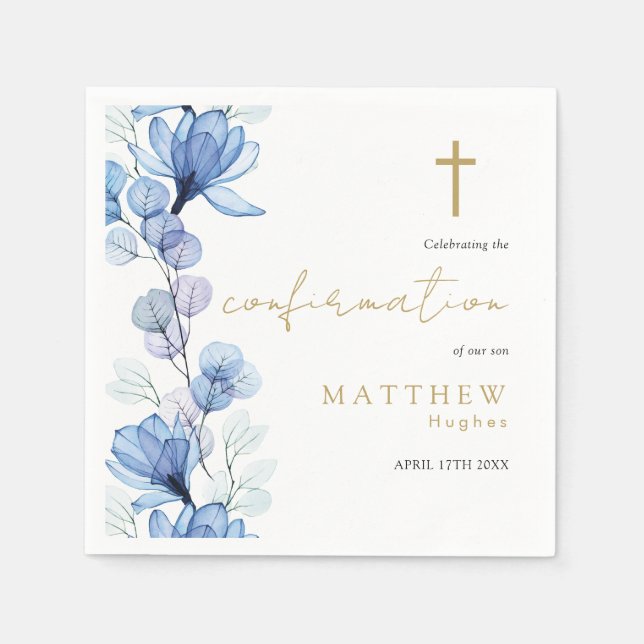 Elegant Dusty Blue Transparent Floral Confirmation Napkins (Front)