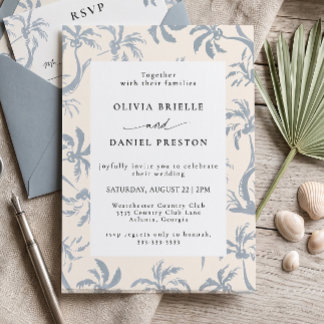Elegant Dusty Blue Tropical Coastal Beach Wedding Invitation