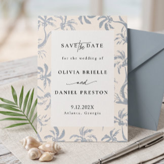 Elegant Dusty Blue Tropical Toile Coastal Save the Invitation