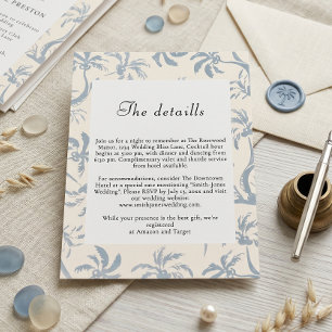 Elegant Dusty Blue Tropical Toile Coastal Wedding Enclosure Card