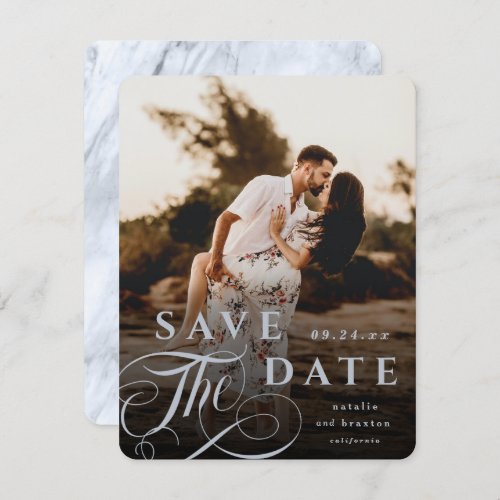 Elegant Dusty Blue Typography  Marble Back Photo Save The Date
