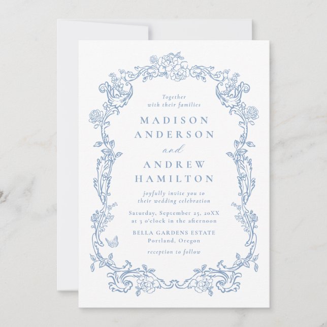 Elegant Dusty Blue Victorian Floral Frame Wedding Invitation (Front)