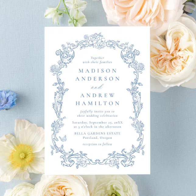 Elegant Dusty Blue Victorian Floral Frame Wedding Invitation | Zazzle
