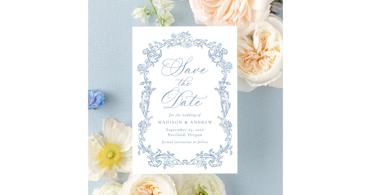 Elegant Dusty Blue Victorian Floral Frame Wedding Save The Date | Zazzle