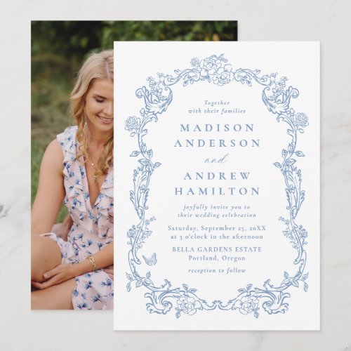 Elegant Dusty Blue Victorian Floral Photo Wedding
