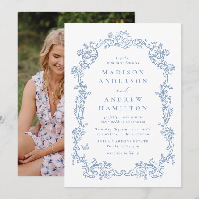 Elegant Dusty Blue Victorian Floral Photo Wedding Invitation (Front/Back)
