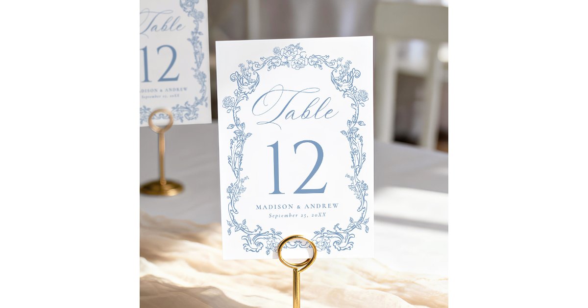 Elegant Dusty Blue Victorian Floral Wedding Table Number | Zazzle