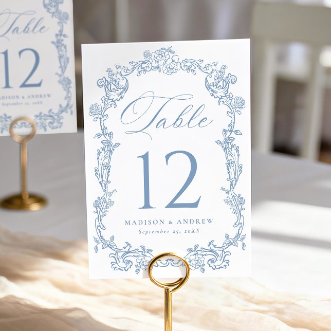 Elegant Dusty Blue Victorian Floral Wedding Table Number (Creator Uploaded)