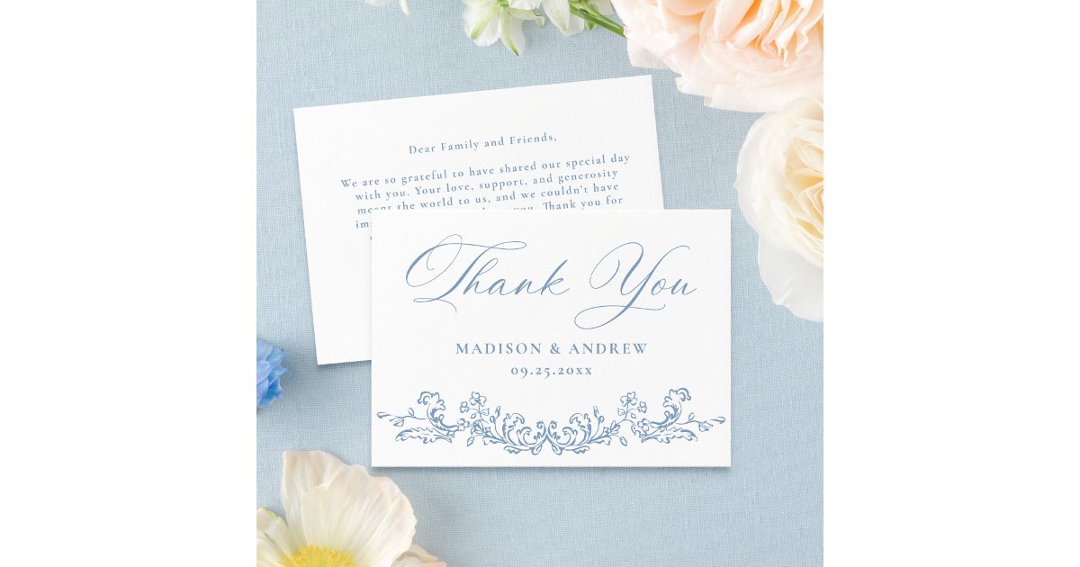 Elegant Dusty Blue Victorian Floral Wedding Thank You Card | Zazzle