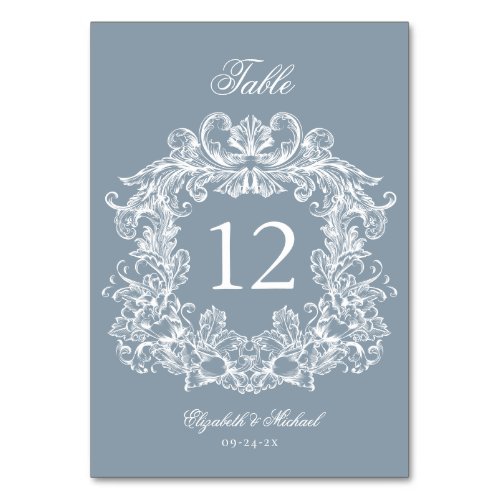 Elegant Dusty Blue Vintage Crest Wedding Table Number