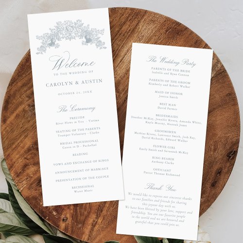 Elegant Dusty Blue Vintage Floral Ornament Wedding Program