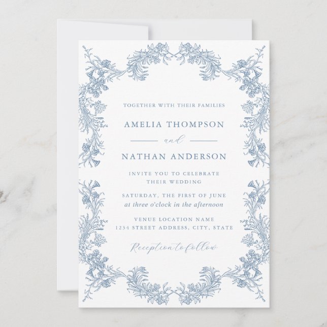 Elegant Dusty Blue Vintage Floral Wedding Invitation (Front)
