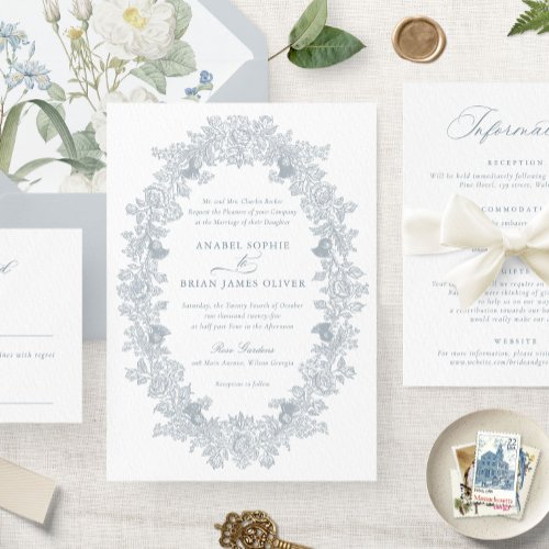 Elegant Dusty Blue Vintage Floral Wreath Wedding Invitation