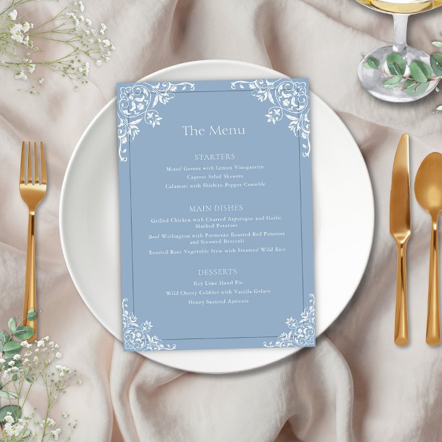 Elegant Dusty Blue Vintage Frame Wedding Menu (Elegant Dusty Blue Vintage Frame Wedding Menu Card for romantic bridgerton inspired blue and white)