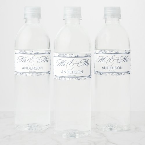 Elegant dusty blue vintage roses mr  mrs wedding water bottle label