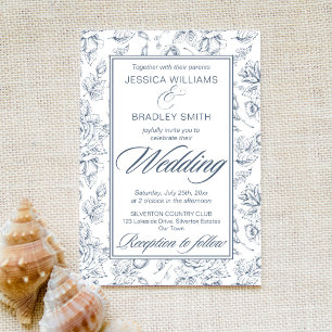 Elegant dusty blue vintage roses pattern wedding invitation