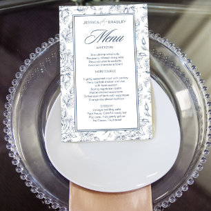 Elegant dusty blue vintage roses wedding menu