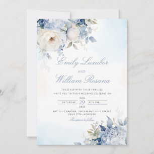 Elegant Dusty Blue Watercolor Boho Floral Wedding Invitation