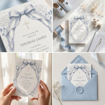 Elegant Dusty Blue Watercolor Bow Baby Boy Baptism
