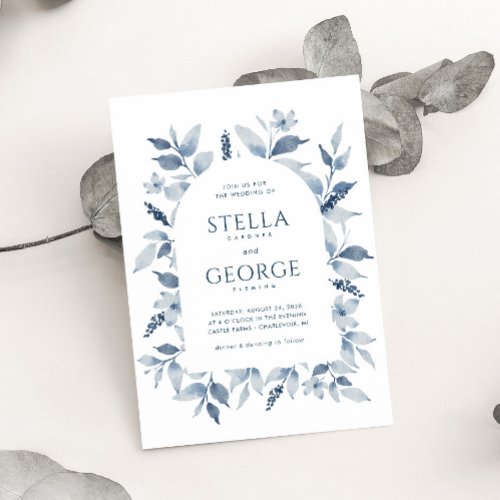 Elegant Dusty Blue Watercolor Floral Arch Wedding Invitation