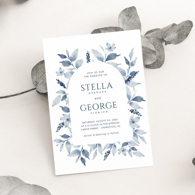 Elegant Dusty Blue Watercolor Floral Arch Wedding Invitation (Creator Uploaded)