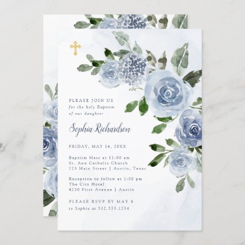 Elegant Dusty Blue Watercolor Floral Baptism Invit Invitation
