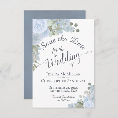 Elegant Dusty Blue Watercolor Floral Boho Wedding Save The Date