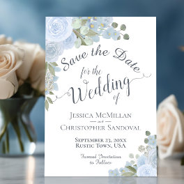Elegant Dusty Blue Watercolor Floral Boho Wedding Save The Date