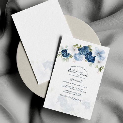 Elegant Dusty Blue Watercolor Floral Bridal Shower Invitation
