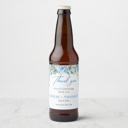 Elegant dusty blue watercolor floral eucalyptus beer bottle label