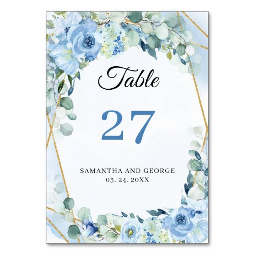 Elegant dusty blue watercolor floral eucalyptus table number