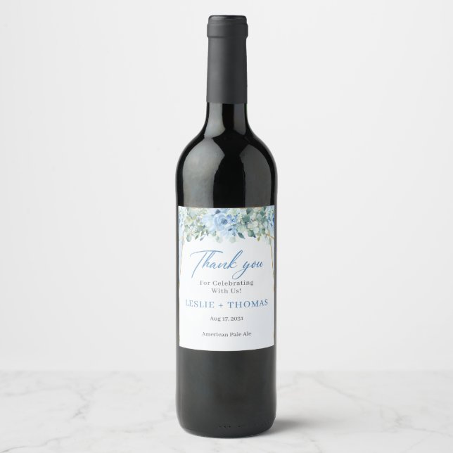 Elegant dusty blue watercolor floral eucalyptus wine label (Front)