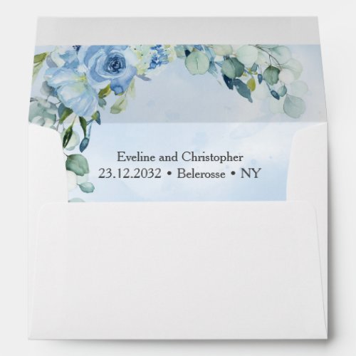 Elegant dusty blue watercolor floral gold frame envelope