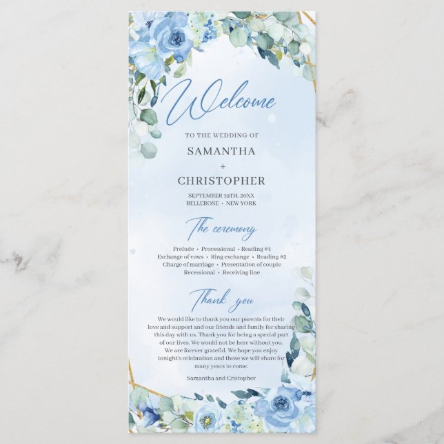 Elegant dusty blue watercolor floral gold frame program (Front)