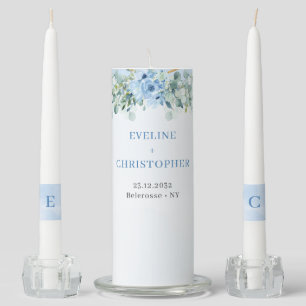Elegant dusty blue watercolor floral gold frame unity candle set