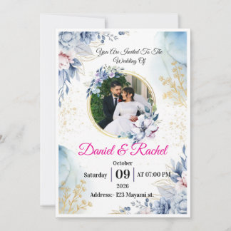 Elegant Dusty Blue Watercolor Floral Gold Wreath W Invitation