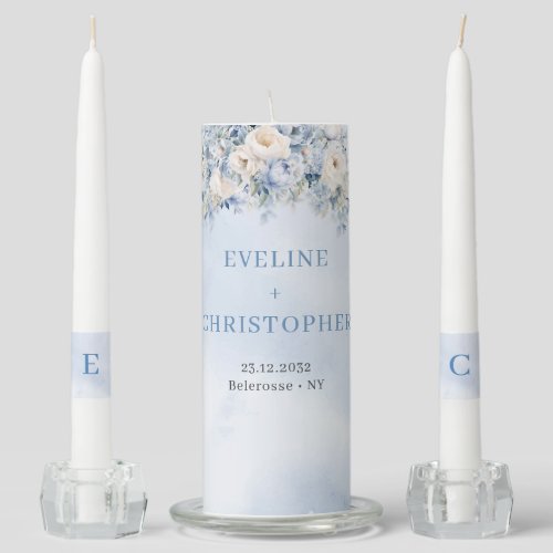 Elegant dusty blue watercolor floral greenery unity candle set