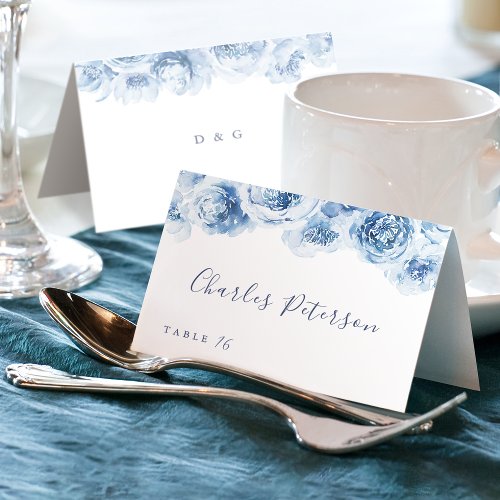 Elegant dusty blue watercolor floral Place Card