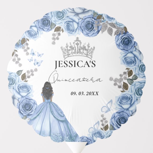Elegant Dusty Blue Watercolor Floral Quinceañera Balloon (Front)