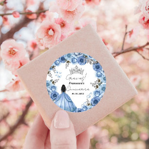 Elegant Dusty Blue Watercolor Floral Quinceañera Classic Round Sticker