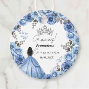 Elegant Dusty Blue Watercolor Floral Quinceañera Favor Tags