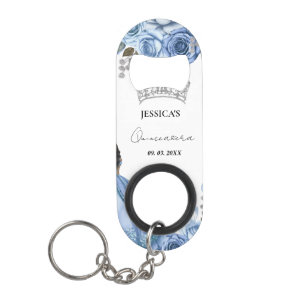 Elegant Dusty Blue Watercolor Floral Quinceañera Keychain Bottle Opener