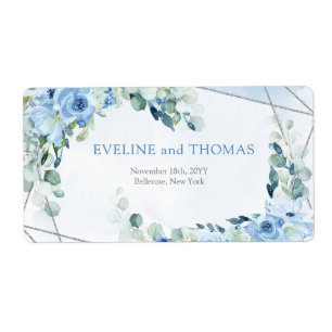 Elegant dusty blue watercolor floral silver frame label
