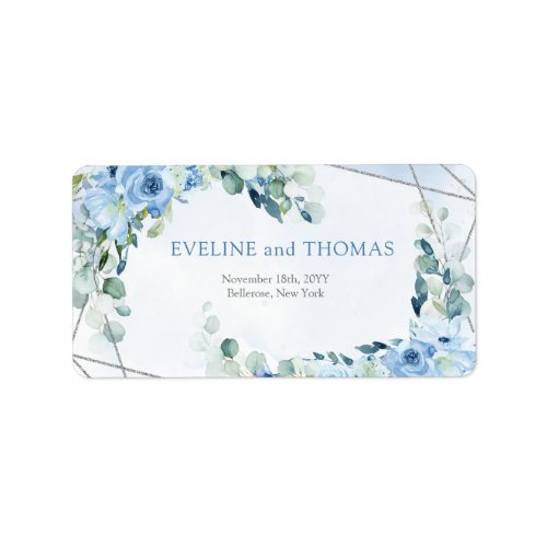 Elegant dusty blue watercolor floral silver frame  label