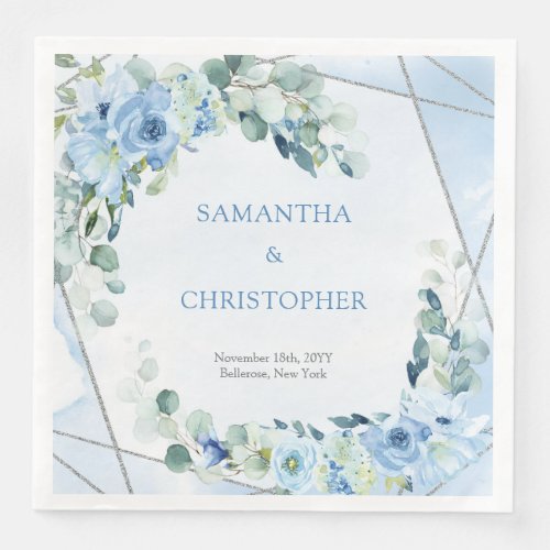 Elegant dusty blue watercolor floral silver frame  paper dinner napkins