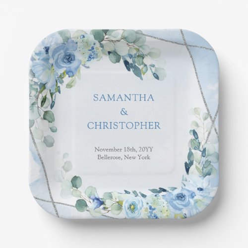 Elegant dusty blue watercolor floral silver frame  paper plates