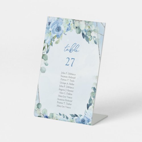 Elegant dusty blue watercolor floral silver frame  pedestal sign