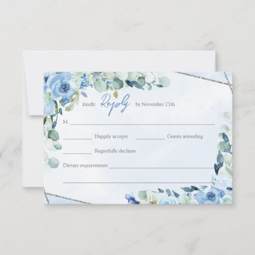 Elegant dusty blue watercolor floral silver frame RSVP card